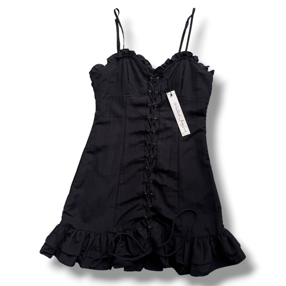 Mustard Seed Womens M Black Lace Up Bustier Corset Ruffle Mini Dress Grunge Goth
